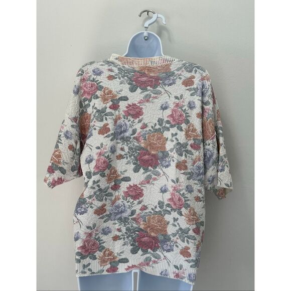 VINTAGE Denim Republic Oversized Cream, Pink, Peach Floral Print Sweater Size L - Picture 2 of 7